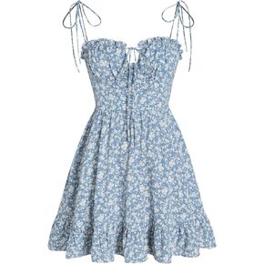 CIDER Santorini Beach Vacation Ditsy Floral Tie Shoulder Mini Dress