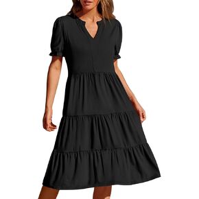 MEROKEETY Women's 2024 Summer Short Puff Sleeve Midi Dress Casual V Neck Empire Waist Tiered Swing A Line Dresses