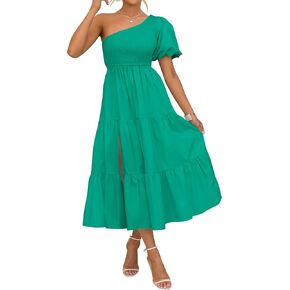 ZESICA Women's 2024 Boho Summer One Shoulder Short Sleeve Smocked Side Split Ruffle Swing Midi Dress in Saudi Arabia