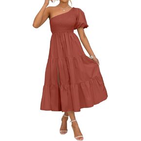 ZESICA Women's 2024 Boho Summer One Shoulder Short Sleeve Smocked Side Split Ruffle Swing Midi Dress