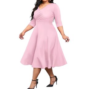 CLOCOR Women's Plus Size Midi Dress 3/4 Sleeve A-Line Swing Dress V Neck Flowy Casual Dresses