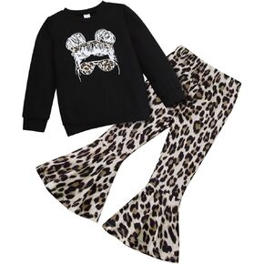 Toddler Girl Clothes Long Sleeve Cartoon & Letter Graphic Top + Fruit Stationery Print Flared Leg Pants