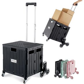 Foldable Utility Cart with Stair Climbing Wheels, Collapsible Rolling Crate with Telescoping Handle, Shopping Trolle Handcart Grocery Book File Tool Art Supplies Teacher Storage Basket(Green)