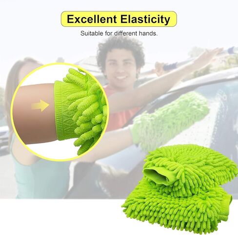 قفاز غسيل السيارة، قفاز غسيل من ألياف الشنيل الدقيقة، قفاز غسيل السيارة خالٍ من الخدوش، قفاز غسيل مزدوج الجوانب لغسيل السيارات، تنظيف المنزل - أخضر - عبوتان in Saudi Arabia