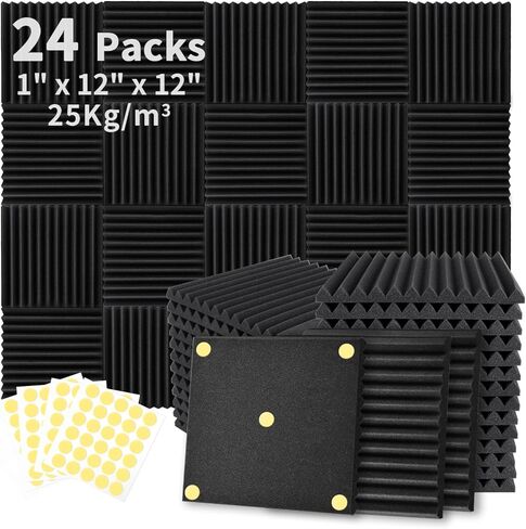 Focusound 50 حزمة من الإسفنج الصوتي مقاس 1 × 12 بوصة × 12 بوصة ألواح إسفنجية مقاومة للصوت وعازلة للصوت وألواح إسفينية لاستوديو تسجيل المكاتب المنزلية مع 270 قطعة لاصقة مزدوجة الجانب in Kuwait