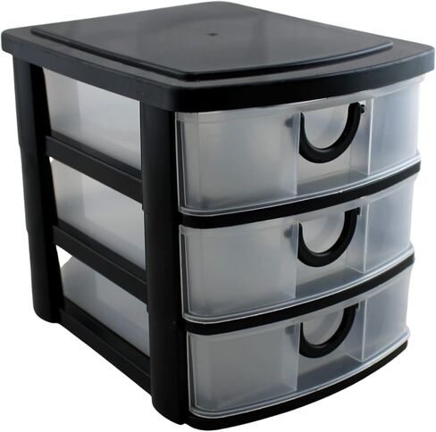 3 Drawer Mini Plastic Organizer Valet Makeup HBA Cosmetics Arts & Crafts Desktop Stationery Multi Purpose 7.5" x 6" x 6.5" (Black) in Saudi Arabia
