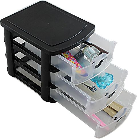 3 Drawer Mini Plastic Organizer Valet Makeup HBA Cosmetics Arts & Crafts Desktop Stationery Multi Purpose 7.5" x 6" x 6.5" (Black) in Saudi Arabia