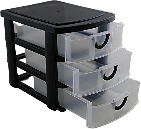 3 Drawer Mini Plastic Organizer Valet Makeup HBA Cosmetics Arts & Crafts Desktop Stationery Multi Purpose 7.5" x 6" x 6.5" (Black) in Saudi Arabia