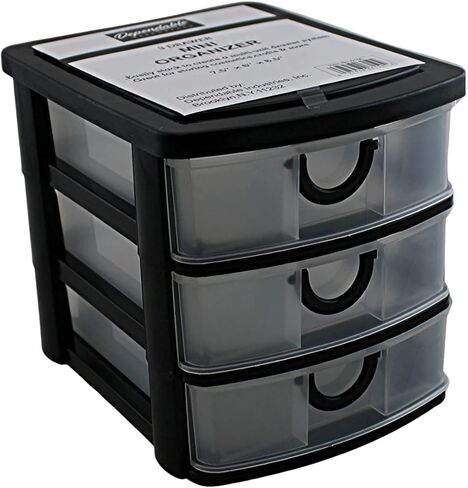 3 Drawer Mini Plastic Organizer Valet Makeup HBA Cosmetics Arts & Crafts Desktop Stationery Multi Purpose 7.5" x 6" x 6.5" (Black) in Saudi Arabia