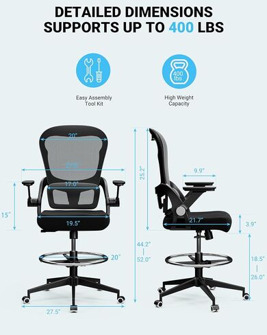 Frylr Drafting Chair Tall Office Chair for Standing Desk - Tall Adjustable, Extended Height Ergonomic Design with Lumbar Support, Counter Height Seat, Heavy Duty Office Chair 400 lbs Capacity, Black in Saudi Arabia