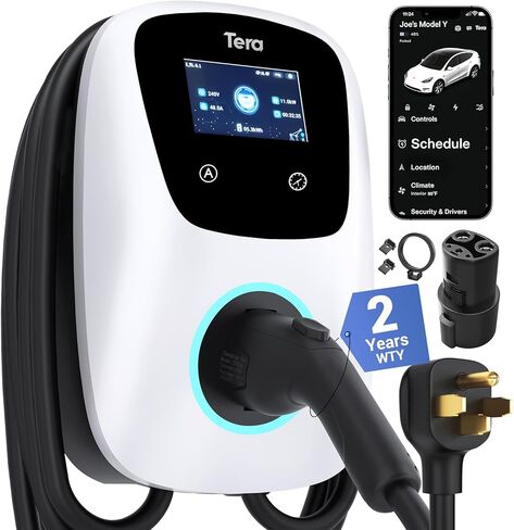 Tera شاحن السيارة الكهربائية سلكي: لمحطة شحن منزلية Tesla J1772 EVs ETL المستوى 2 48 40 أمبير 240 فولت مع جدول أمبير الإعداد اليدوي على الوحدة NEMA 14-50 كابل 25 قدم in Kuwait