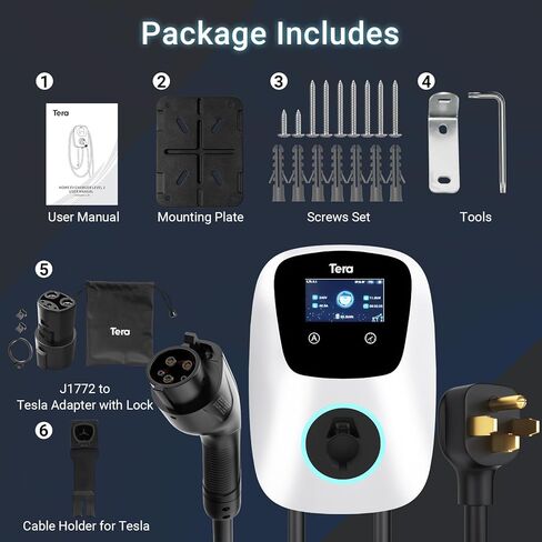 Tera شاحن السيارة الكهربائية سلكي: لمحطة شحن منزلية Tesla J1772 EVs ETL المستوى 2 48 40 أمبير 240 فولت مع جدول أمبير الإعداد اليدوي على الوحدة NEMA 14-50 كابل 25 قدم in Kuwait