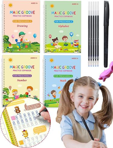 SIBBYE Magic Practice Copybook, Reusable Grooved Handwriting Book Practice Preschool Learning Activities,Handwriting Aid Magic Pen Reusable Copybook Grooves Template Design for Children（19×13cm） in Saudi Arabia