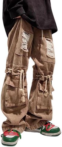 Mens Cargo Pants Ripped Baggy Jeans Y2K Elastic Waist Straight Leg Pants 90S Vintage Streetwear Grunge Clothes. in Saudi Arabia
