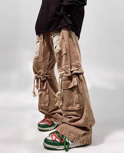 Mens Cargo Pants Ripped Baggy Jeans Y2K Elastic Waist Straight Leg Pants 90S Vintage Streetwear Grunge Clothes. in Saudi Arabia