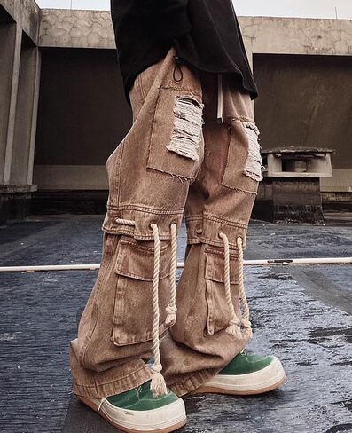Mens Cargo Pants Ripped Baggy Jeans Y2K Elastic Waist Straight Leg Pants 90S Vintage Streetwear Grunge Clothes. in Saudi Arabia