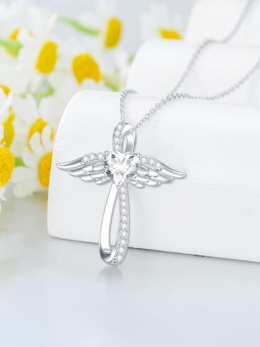wtyim الصليب قلادة للنساء 18k الذهب الأبيض مطلي الفضة الاسترليني أجنحة الملاك الصليب قلادة مع مويسانيتي الماس قلادة الإيمان المجوهرات الدينية عيد الميلاد هدايا عيد ميلاد لزوجتها الفتيات in Kuwait