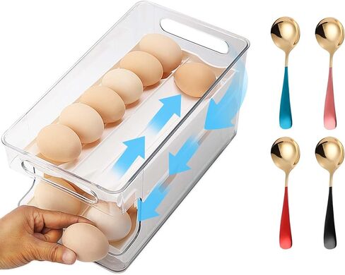 موزع بيض القمر للثلاجة - 24 حامل بيض دوار للثلاجة وحاوية تخزين البيض ودرج البيض للثلاجة وصينية البيض للثلاجة مع 4 ملاعق، رمادي in Kuwait