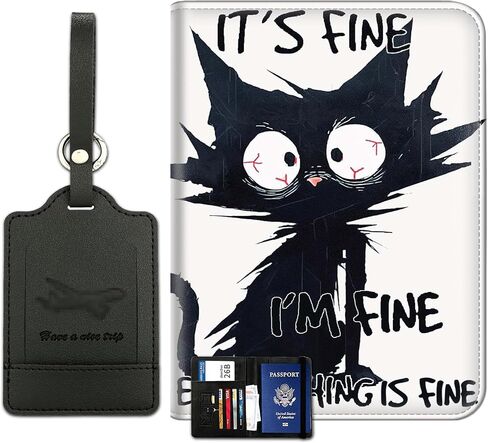 Passport Holder With Luggage Tag Set, Passport Cover With RFID Blocking, Multi-slot Passport Wallet, Waterproof Leather Travel Document Holder for Women Men, Funny Black Cat Passport Case in Saudi Arabia
