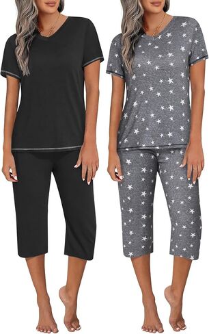 Ekouaer 2 Pack Women's Sleepwear Capri Pajama Sets Short Sleeve Two-Piece Pjs V Neck Tops & Capri Pants with Pockets S-3XL in Saudi Arabia