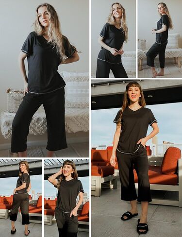 Ekouaer 2 Pack Women's Sleepwear Capri Pajama Sets Short Sleeve Two-Piece Pjs V Neck Tops & Capri Pants with Pockets S-3XL in Saudi Arabia