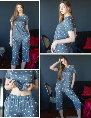 Ekouaer 2 Pack Women's Sleepwear Capri Pajama Sets Short Sleeve Two-Piece Pjs V Neck Tops & Capri Pants with Pockets S-3XL in Saudi Arabia
