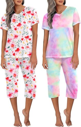 Ekouaer 2 Pack Women's Sleepwear Capri Pajama Sets Short Sleeve Two-Piece Pjs V Neck Tops & Capri Pants with Pockets S-3XL in Saudi Arabia