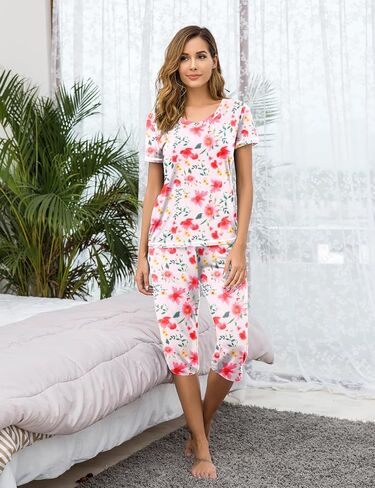 Ekouaer 2 Pack Women's Sleepwear Capri Pajama Sets Short Sleeve Two-Piece Pjs V Neck Tops & Capri Pants with Pockets S-3XL in Saudi Arabia