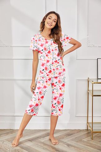 Ekouaer 2 Pack Women's Sleepwear Capri Pajama Sets Short Sleeve Two-Piece Pjs V Neck Tops & Capri Pants with Pockets S-3XL in Saudi Arabia