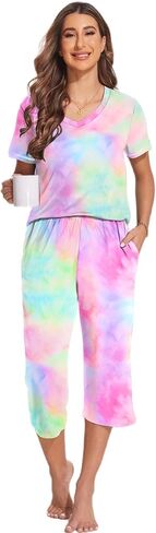 Ekouaer 2 Pack Women's Sleepwear Capri Pajama Sets Short Sleeve Two-Piece Pjs V Neck Tops & Capri Pants with Pockets S-3XL in Saudi Arabia