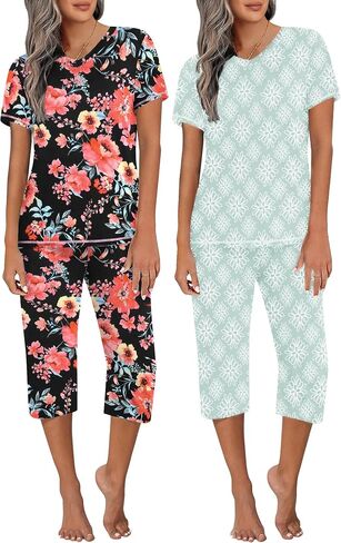 Ekouaer 2 Pack Women's Sleepwear Capri Pajama Sets Short Sleeve Two-Piece Pjs V Neck Tops & Capri Pants with Pockets S-3XL in Saudi Arabia