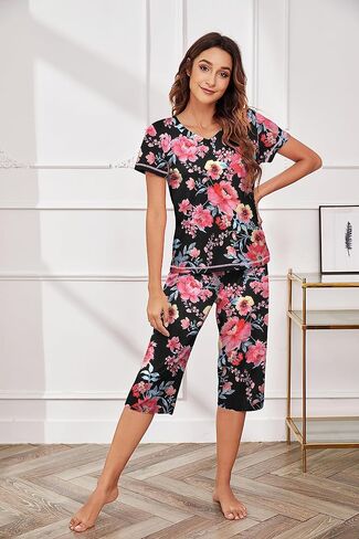 Ekouaer 2 Pack Women's Sleepwear Capri Pajama Sets Short Sleeve Two-Piece Pjs V Neck Tops & Capri Pants with Pockets S-3XL in Saudi Arabia