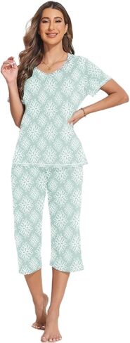 Ekouaer 2 Pack Women's Sleepwear Capri Pajama Sets Short Sleeve Two-Piece Pjs V Neck Tops & Capri Pants with Pockets S-3XL in Saudi Arabia