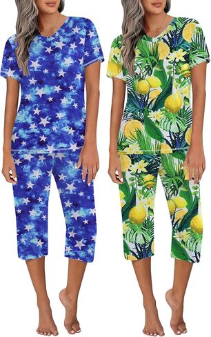 Ekouaer 2 Pack Women's Sleepwear Capri Pajama Sets Short Sleeve Two-Piece Pjs V Neck Tops & Capri Pants with Pockets S-3XL in Saudi Arabia