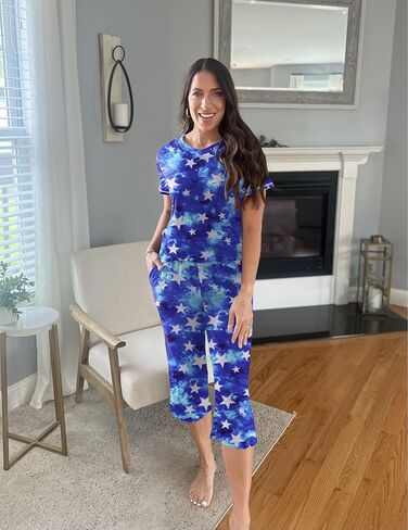 Ekouaer 2 Pack Women's Sleepwear Capri Pajama Sets Short Sleeve Two-Piece Pjs V Neck Tops & Capri Pants with Pockets S-3XL in Saudi Arabia