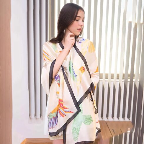 وشاح حريري خفيف الوزن للنساء، وشاح طويل كبير من الساتان مطبوع عصري متعدد الأغراض، شال ملون واقي من الشمس مناسب للسفر اليومي في الصيف والخريف (33.46 * 73.62 بوصة) in Kuwait