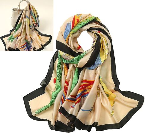 وشاح حريري خفيف الوزن للنساء، وشاح طويل كبير من الساتان مطبوع عصري متعدد الأغراض، شال ملون واقي من الشمس مناسب للسفر اليومي في الصيف والخريف (33.46 * 73.62 بوصة) in Kuwait