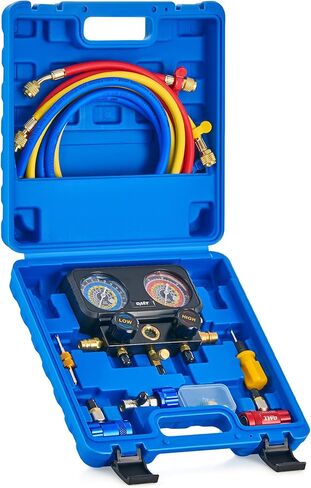 مجموعة قياس تشخيصية متعددة من Orion Motor Tech R1234yf AC لشحن غاز التبريد، 3 مقاييس HVAC مع خراطيم لـ R1234yf R404a R134a، أداة إصلاح خط التيار المتردد، وصلات سريعة وختم ذاتي يمكن الاستفادة منه in Kuwait