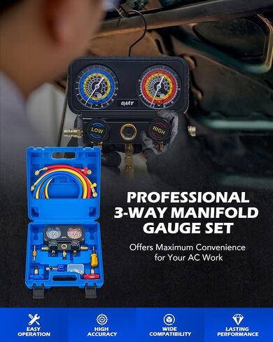 مجموعة قياس تشخيصية متعددة من Orion Motor Tech R1234yf AC لشحن غاز التبريد، 3 مقاييس HVAC مع خراطيم لـ R1234yf R404a R134a، أداة إصلاح خط التيار المتردد، وصلات سريعة وختم ذاتي يمكن الاستفادة منه in Kuwait