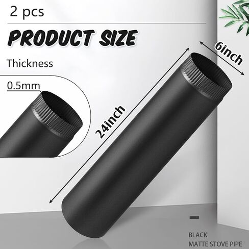 LEIFIDE 6" x 24" Black Matte Stove Pipe Crimped Flue Stovepipe Connector 6 Inch 304 Stainless Steel Chimney Pipe Steel Building Supplies for Wood Stove Through Wall Vent(1 Pcs) in Saudi Arabia