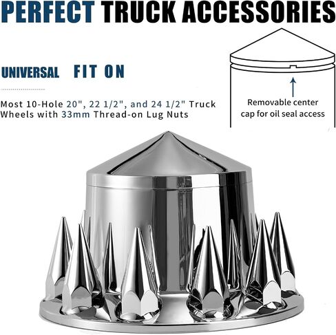 Spiked Wheel Covers for Semi Trucks - 2 Front and 4 Rear Axle Hub Covers with 33mm Thread-On Chrome Lug Nut Covers for Semi Truck (Installation Tool Included) in Saudi Arabia