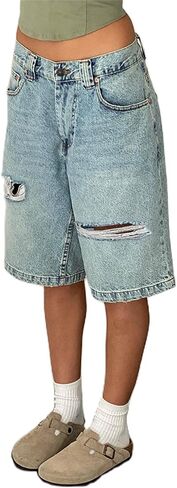 Women Y2k Denim Carpenter Shorts Wide Leg Low Waist Cargo Jean Shorts with Pocket Summer Blokette Vintage Long Jorts in Saudi Arabia