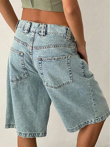 Women Y2k Denim Carpenter Shorts Wide Leg Low Waist Cargo Jean Shorts with Pocket Summer Blokette Vintage Long Jorts in Saudi Arabia