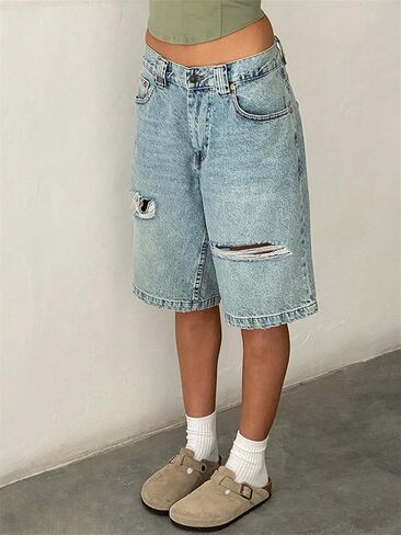 Women Y2k Denim Carpenter Shorts Wide Leg Low Waist Cargo Jean Shorts with Pocket Summer Blokette Vintage Long Jorts in Saudi Arabia