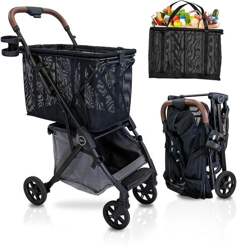 Personal Luxury Folding Shopping Cart On Premium Wheels – Ultra Lightweight Aluminum Frame – Removable Shopping Bag with Carry Strap & Lower Grocery Storage 75Lbs Capacity (Shadow v2) in Kuwait