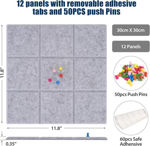 Large Cork Board Alternative-Felt Wall Tiles with Secure Removable Adhesive Tabs and Push Pins Bulletin Pin Boards Tiles for Home Office Classroom Wall Decoration (Light Grey, 12 Pack) in Saudi Arabia