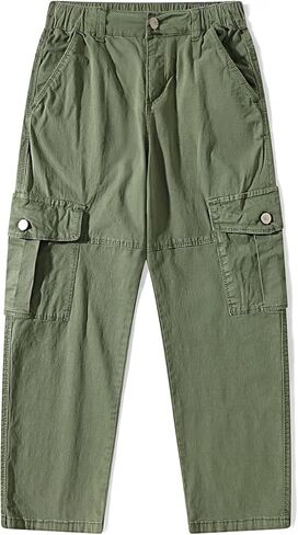 Girls Cargo Pants Wide Leg Streetwear Cute with Pockets Joggers 4-12 Year Army Green in Saudi Arabia