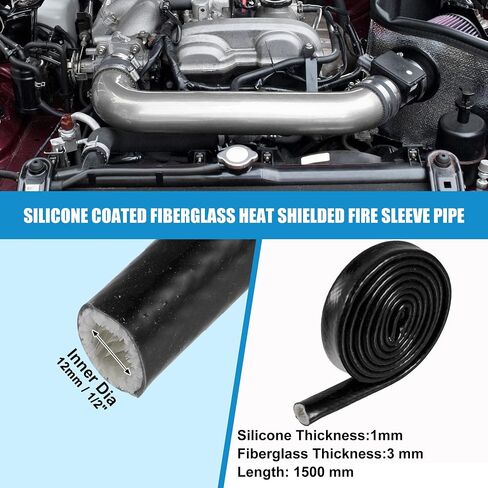 X AUTOHAUX 1/2" ID x 10FT Heat Shielded Fire Sleeve Silicone Coated Fiberglass Tape for Automotive Hose Lines Wires Electrical Wiring Black in Saudi Arabia