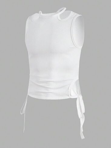 OYOANGLE Men's Cut Out Tie Side Sleeveless Round Neck Tank Top Solid Plain Casual Rib Knitted Slim Fit Tops in Saudi Arabia