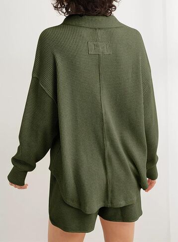 سويت شيرت نسائي كبير الحجم من AlvaQ فضفاض بياقة على شكل V وأكمام طويلة مع طية صدر السترة وياقة وافل متماسكة عالية ومنخفضة in Kuwait